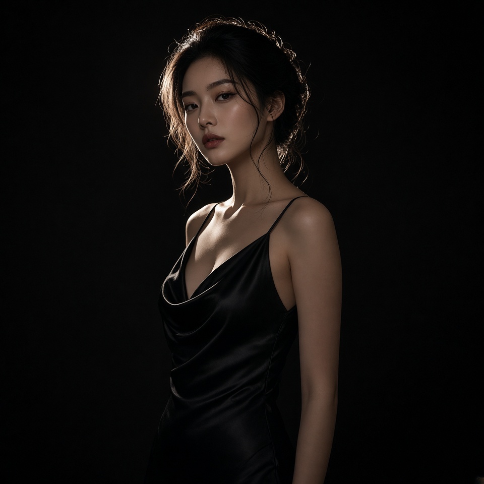 elegant asian woman in a black silk dres…