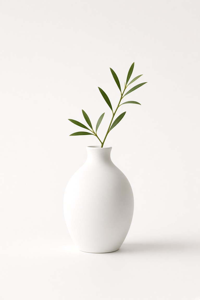 a plain white ceramic vase with a single…
