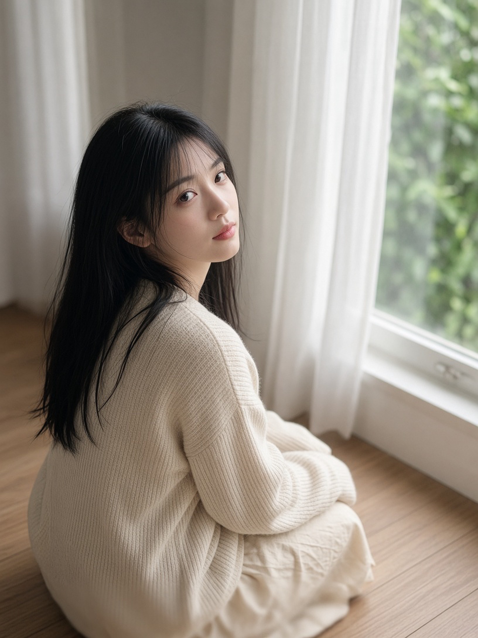 写实人像摄影，一位二十多岁的中国年轻女性，素颜感淡妆，黑色长直发自然散落，穿着米…
