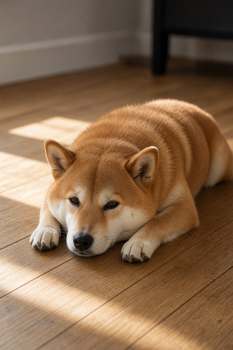 一只柴犬趴在木地板上，午后自然光，写实摄影，竖版