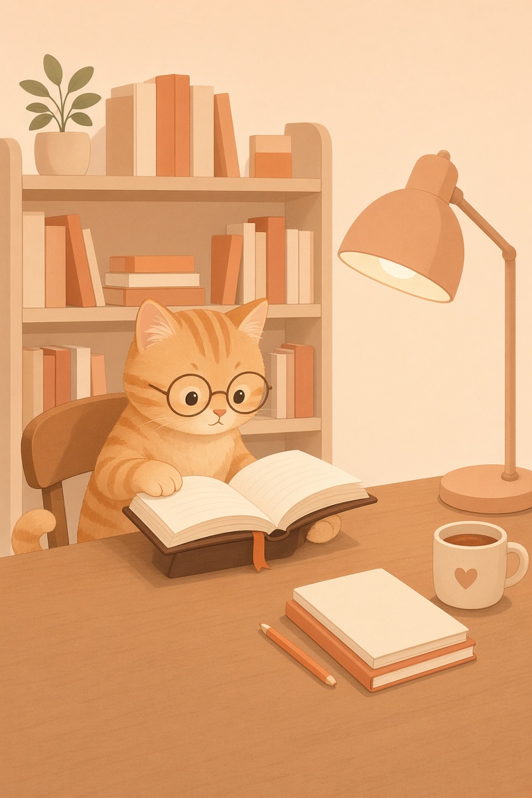 极简风格插画：一只戴眼镜的橘猫坐在书桌前看书，暖色调，背景有书架和台灯