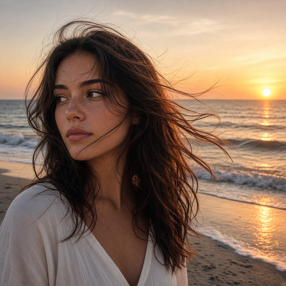 young woman on a beach at sunset, wind i…