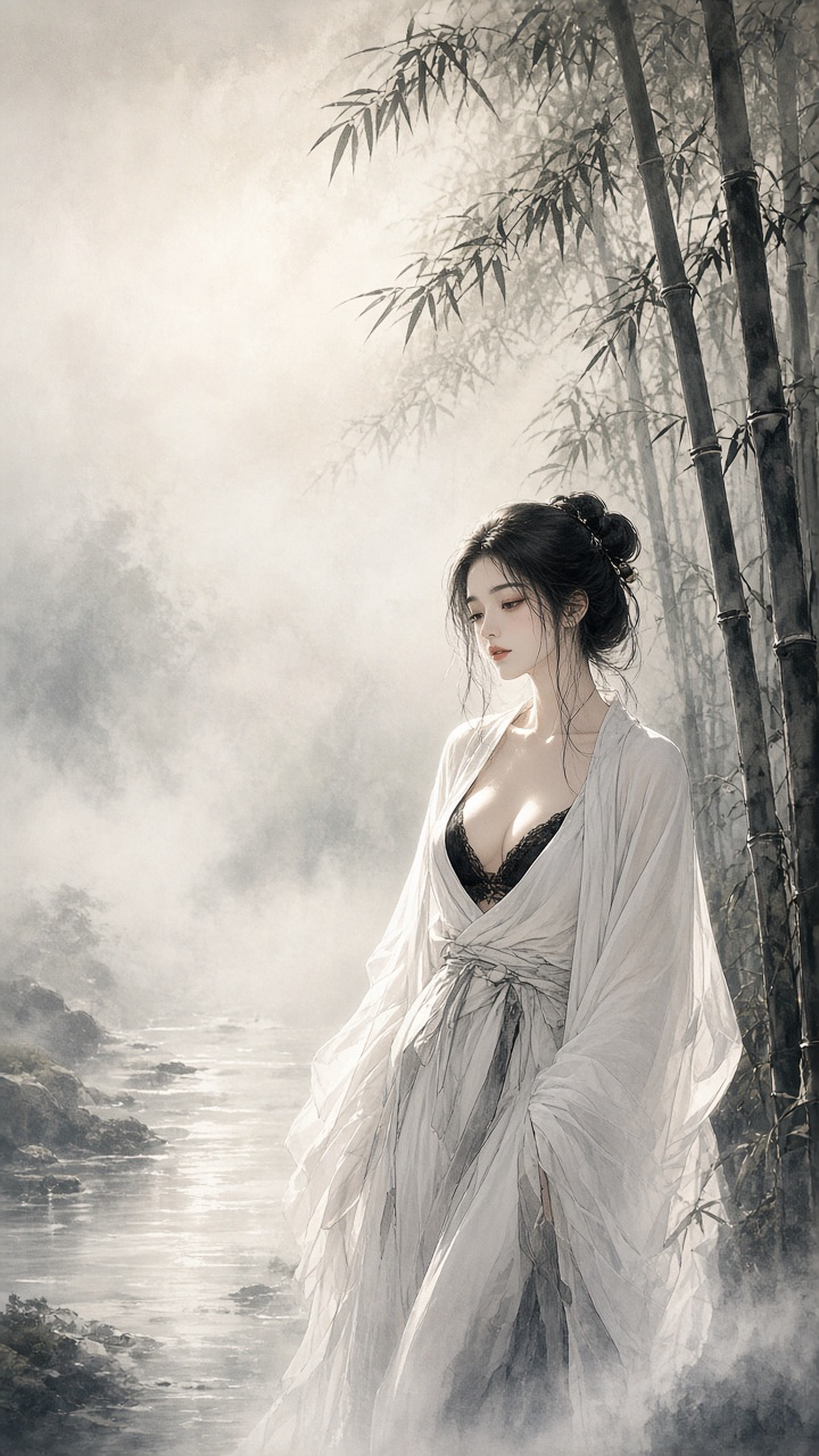 [人像寫真 · 東方古風] 古典东方水墨工笔美学，一位身着素白汉服的女子立于竹林溪畔，晨雾缭绕，柔和侧逆光勾…