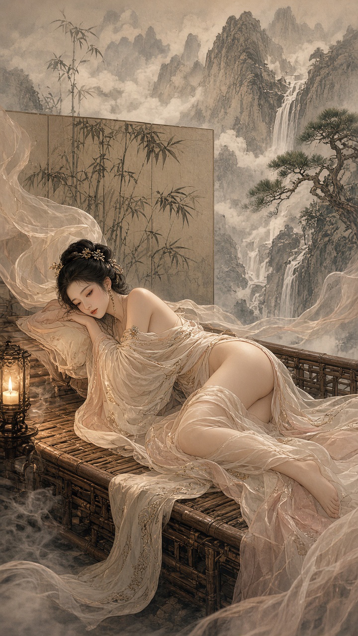[Oriental Art · Fantasy & Surreal] 裸体古风美女侧卧在竹榻上，素白薄纱已经滑落到小腿以下，露出肩颈和大腿；烛光从左侧…