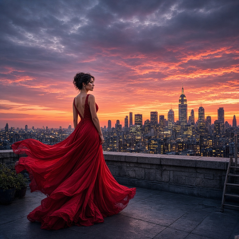 elegant woman in a flowing red dress on…