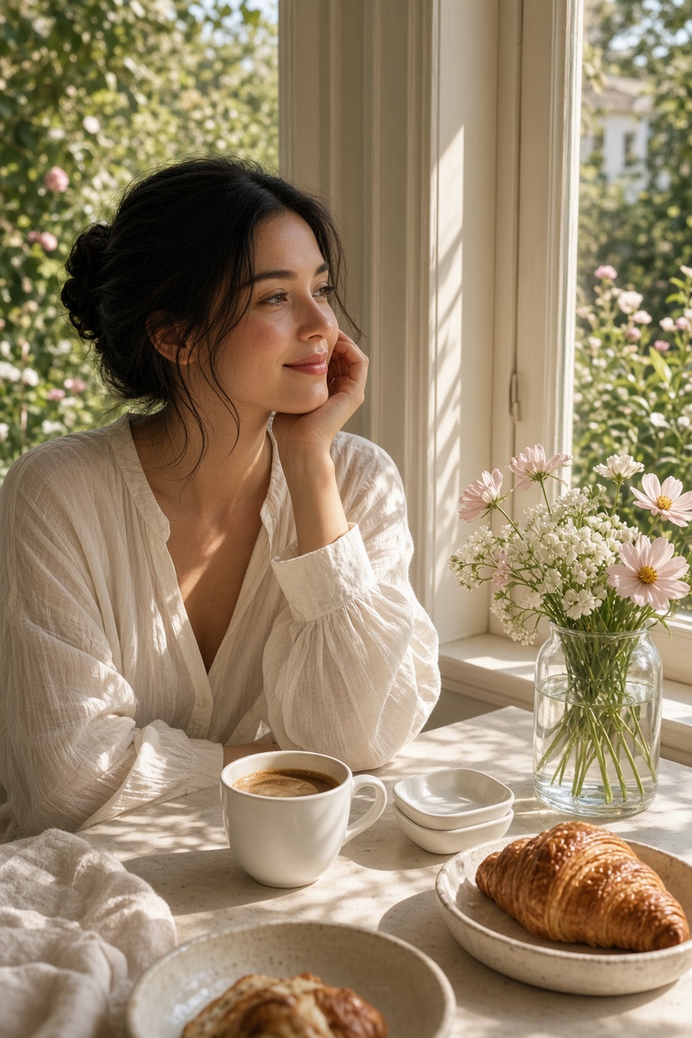 A softly sunlit lifestyle portrait of a…