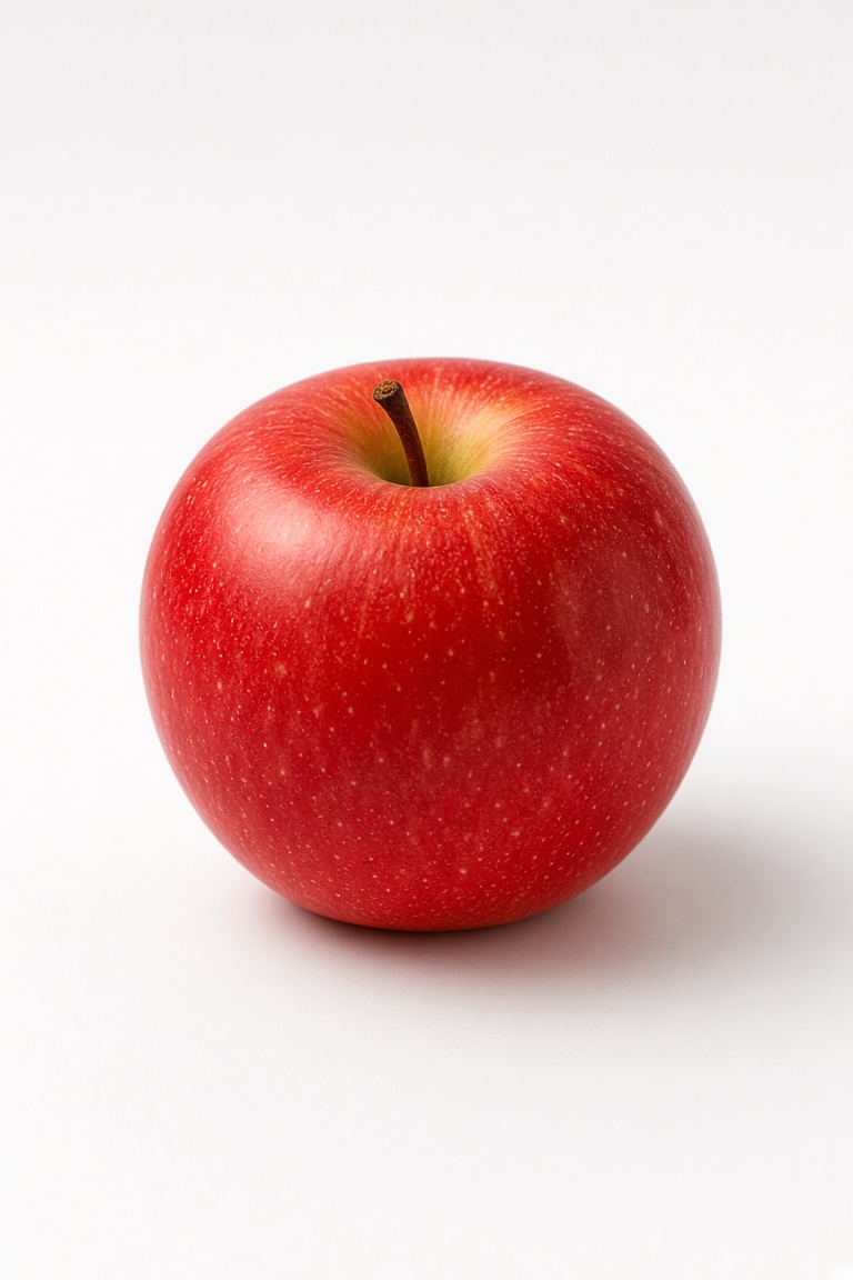 a single red apple on a plain white tabl…