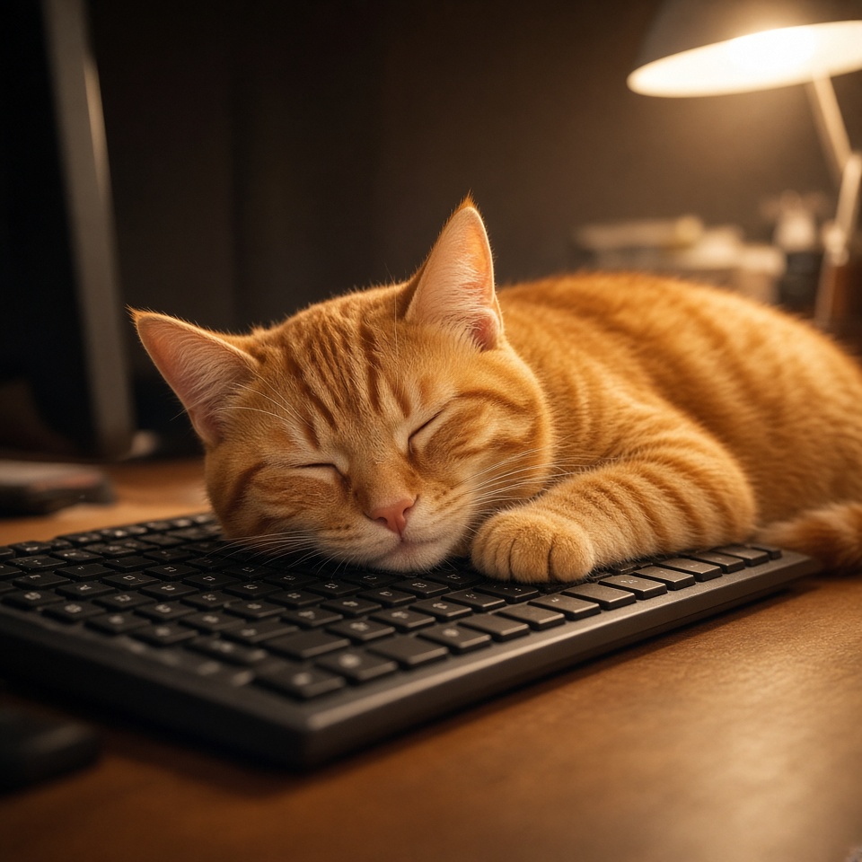 一只趴在键盘上睡觉的橘猫，暖色台灯光，写实摄影