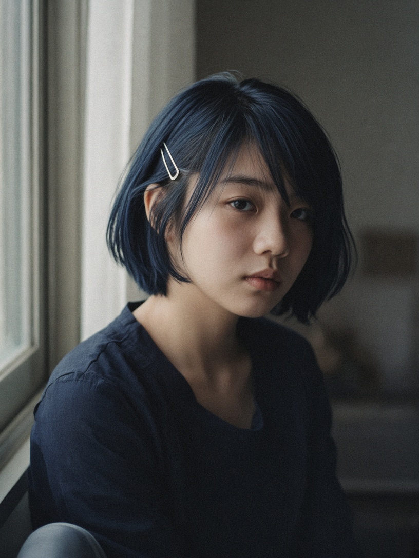[Portrait · Cinematic] 十七岁女孩写实人像摄影，深蓝黑色短发，一侧别着银色U形发夹，圆脸，坐在窗边侧头看…
