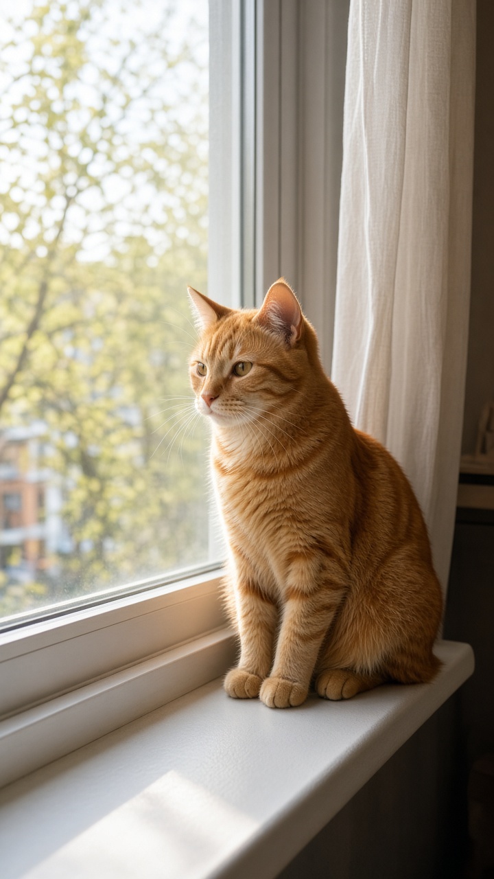 一只坐在窗边的橘猫，清晨自然光，写实摄影