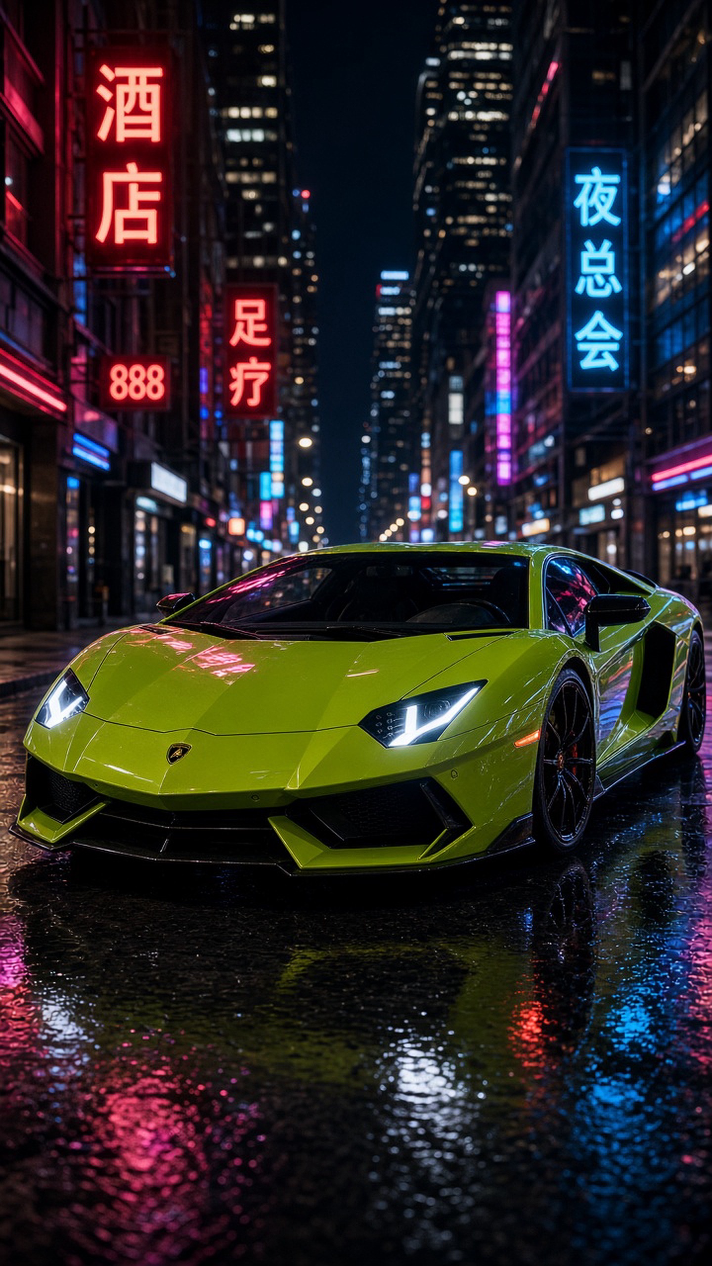 一辆兰博基尼超级跑车，竖版构图，车身线条犀利，停在城市夜景街道上，霓虹灯反射，电…