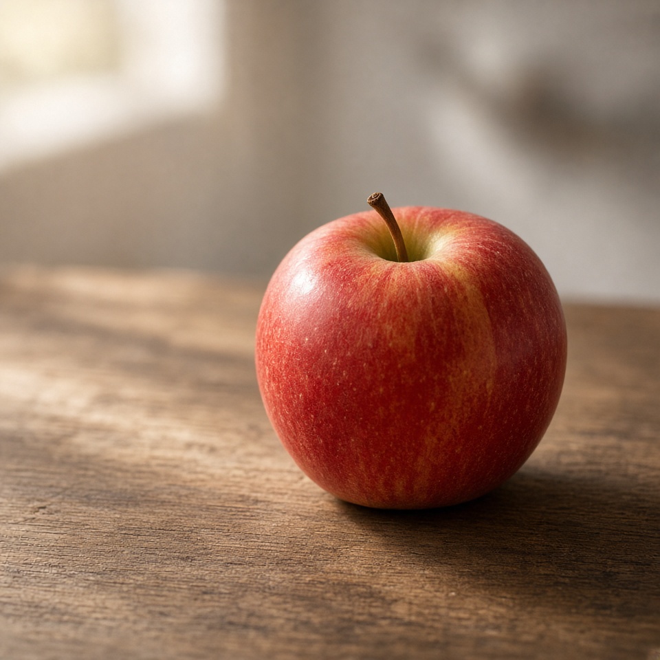 a red apple on a wooden table, soft morn…