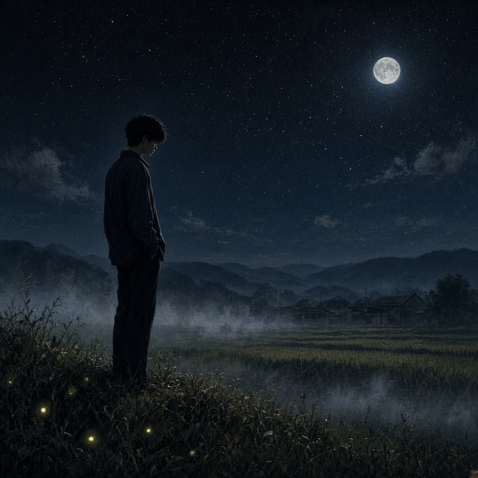 夜晚的农村村外，一个黑发男生站在田埂上，穿黑色衬衫，身后是大片深色的稻田和坡下几…
