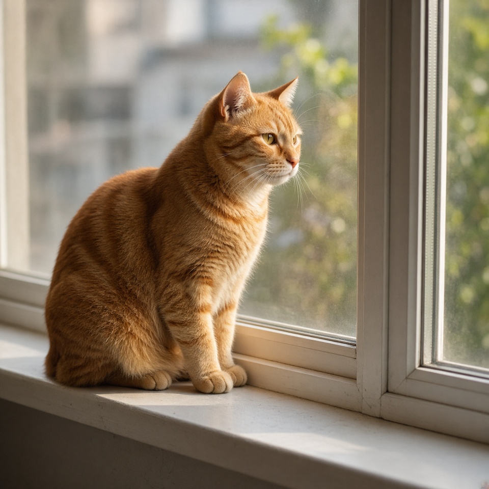 一只橘猫坐在窗台上，午后阳光，写实摄影