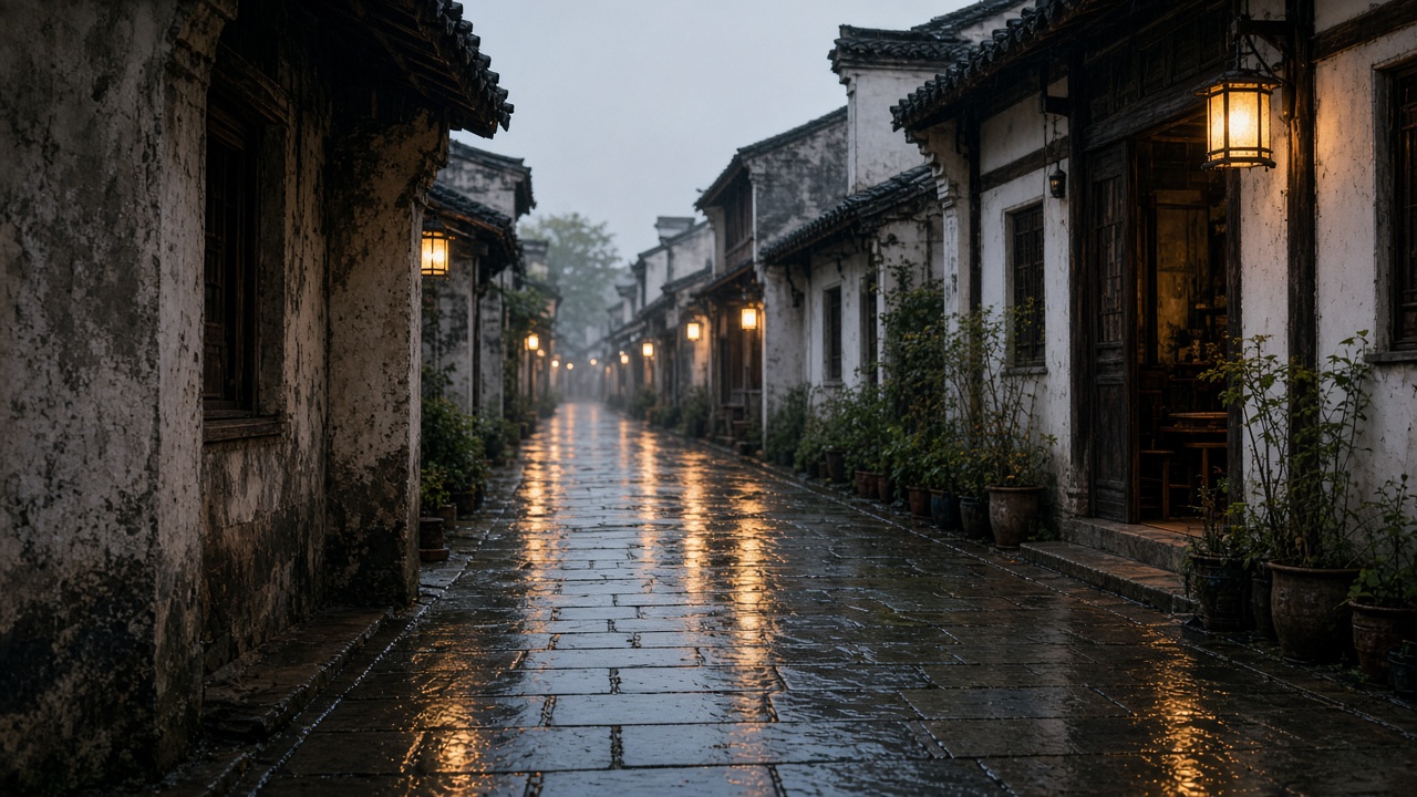 一条雨后的江南小巷，青石板反光，傍晚暖灯，写实摄影