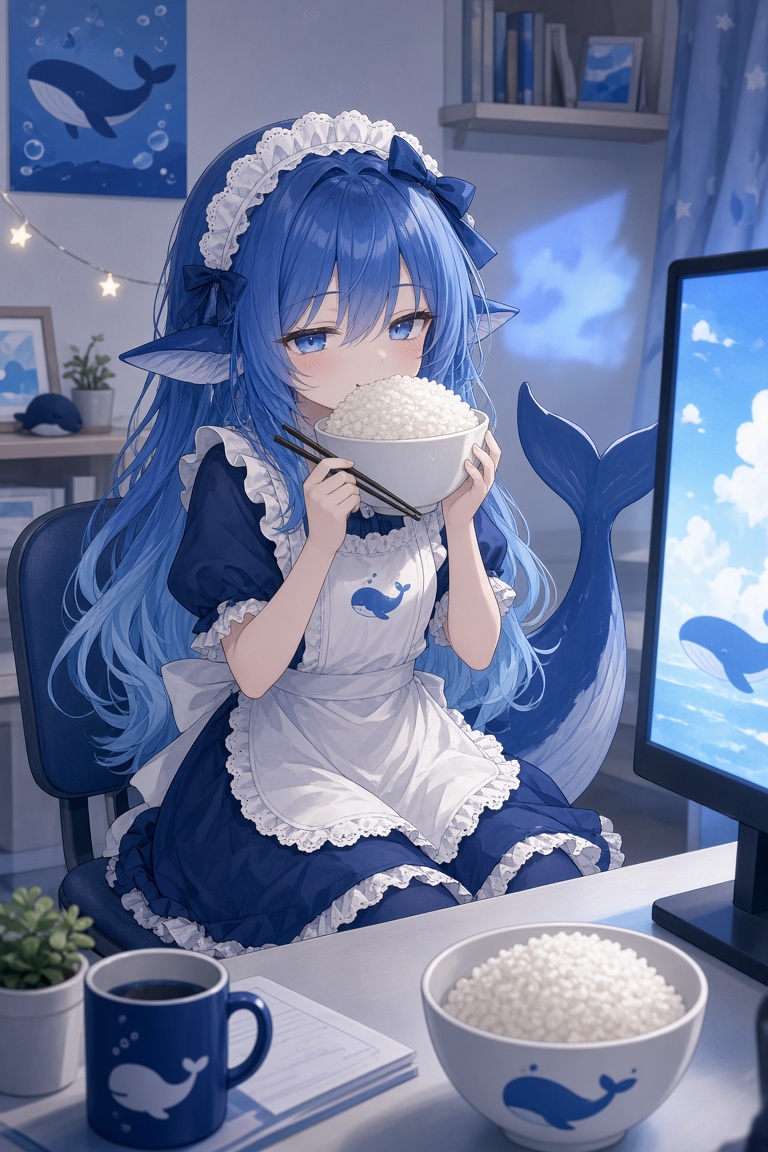 [動漫二次元] 日系动漫插画。一个娇小的蓝发鲸鱼娘，身高约140cm，长发到腰，发梢从深蓝渐变为…