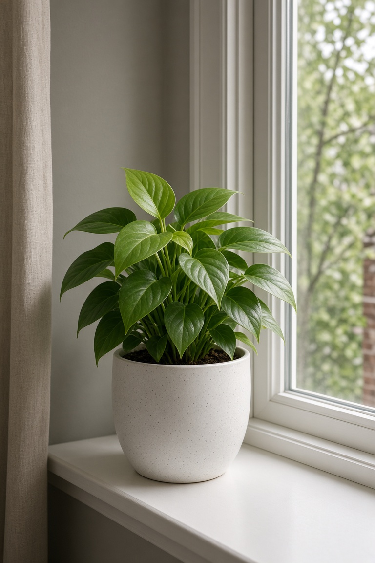 a green plant in a white pot by the wind…