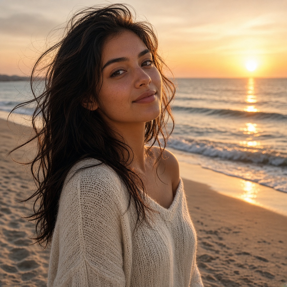 young woman on a beach at sunset, wind i…