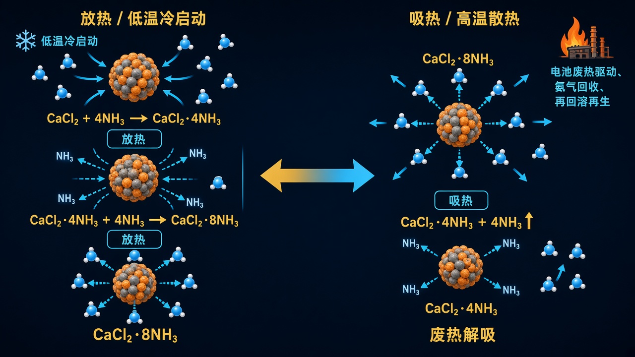 一张深蓝黑渐变背景的扁平矢量科学示意图，主题为氯化钙与氨气的可逆配位储能反应。画…