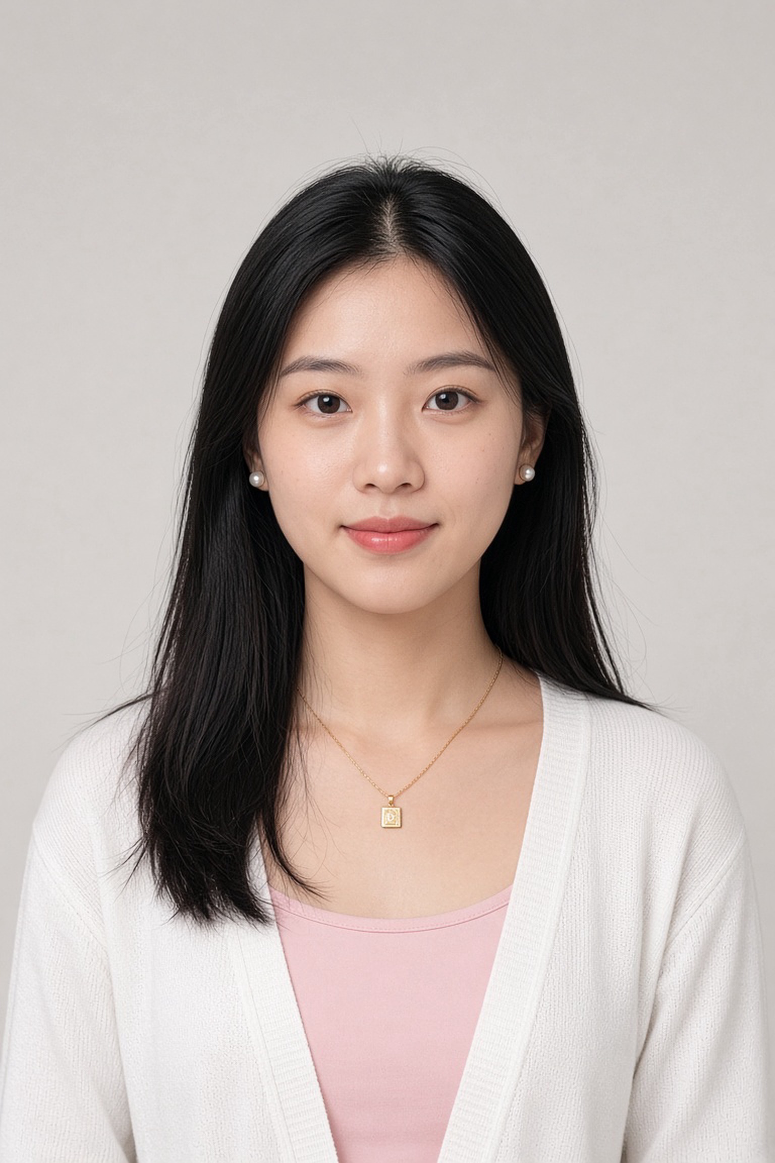 [Portrait] 竖构图 2:3，室内纯色无缝背景纸前的正面半身定妆照，真实摄影，摄影棚级质感，画…
