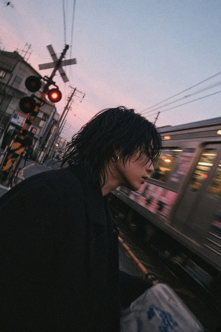 A vertical, grainy street photograph of…