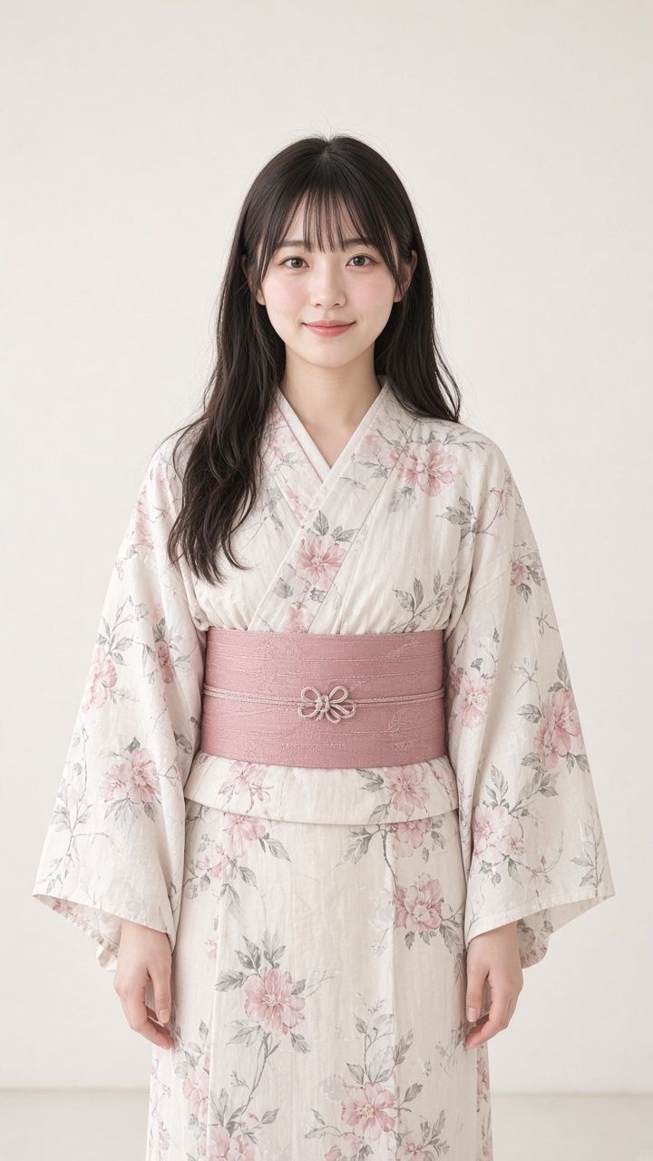 生成一個日本女生穿和服只到腰下的正面全身照