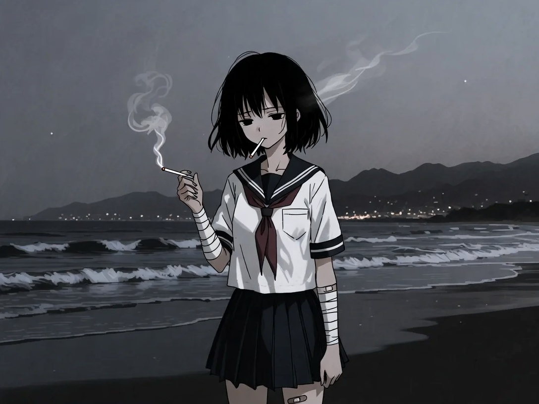 [動漫二次元] 在阴沉昏暗的夜间海滩上，一名留着短黑发的少女赤脚站在海岸边。她身穿白色水手服校服…