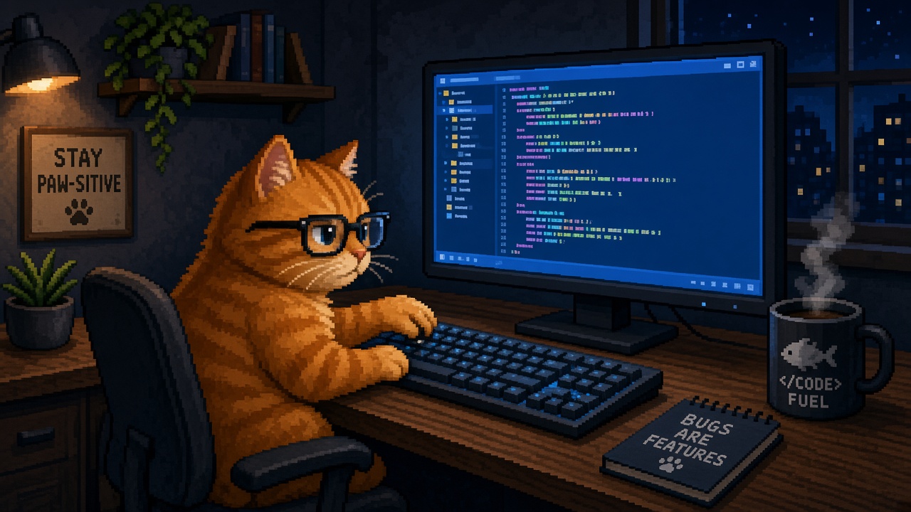 一只戴眼镜的橘猫在敲代码，显示器蓝光，像素风