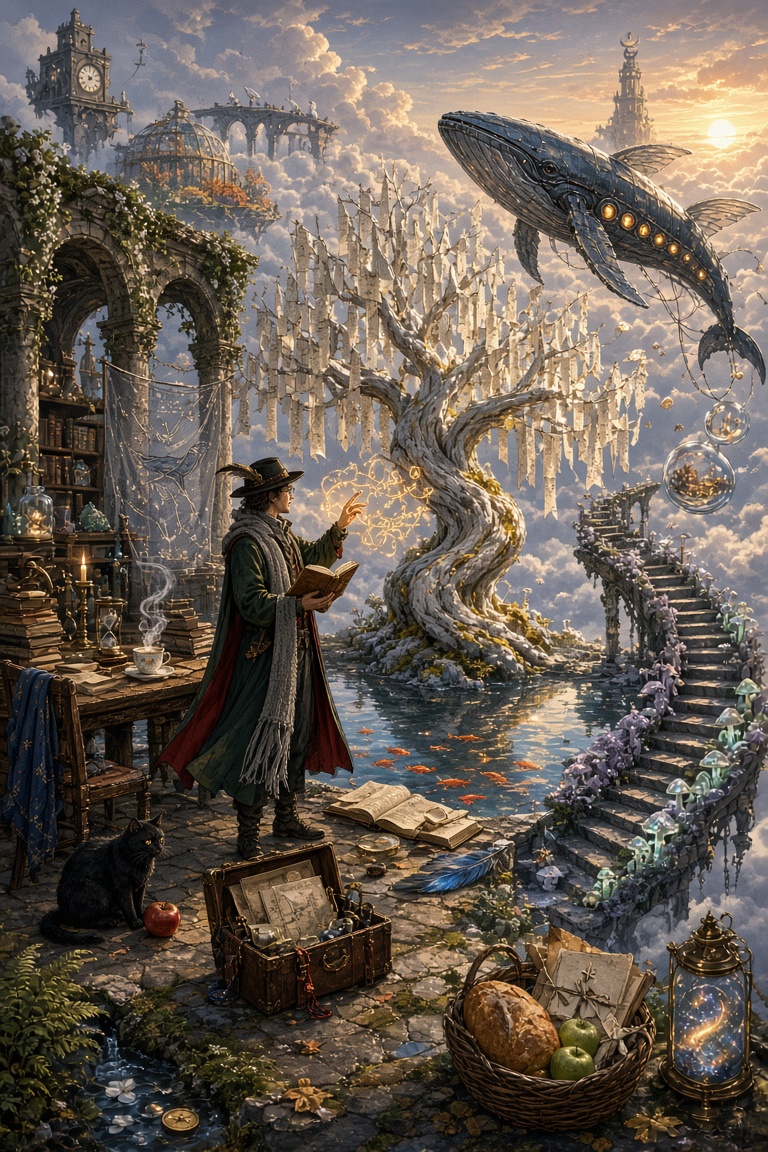 画面呈现一座漂浮在云海之上的古老图书馆庭院：中央是一棵巨大的银白色枯树，树干扭曲…
