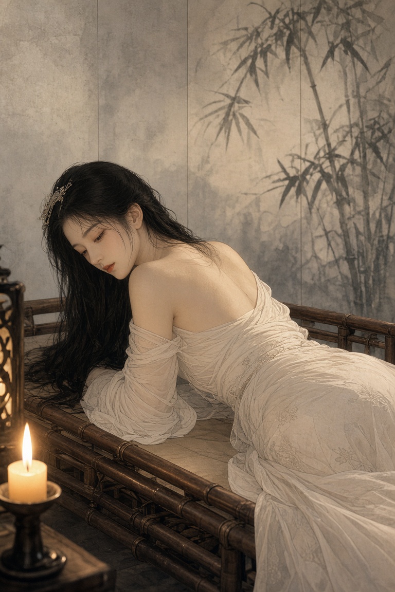 中国古典工笔写实人物画风格，一位成年女子斜卧于竹榻之上，身着素白襦裙，肩头薄纱自…