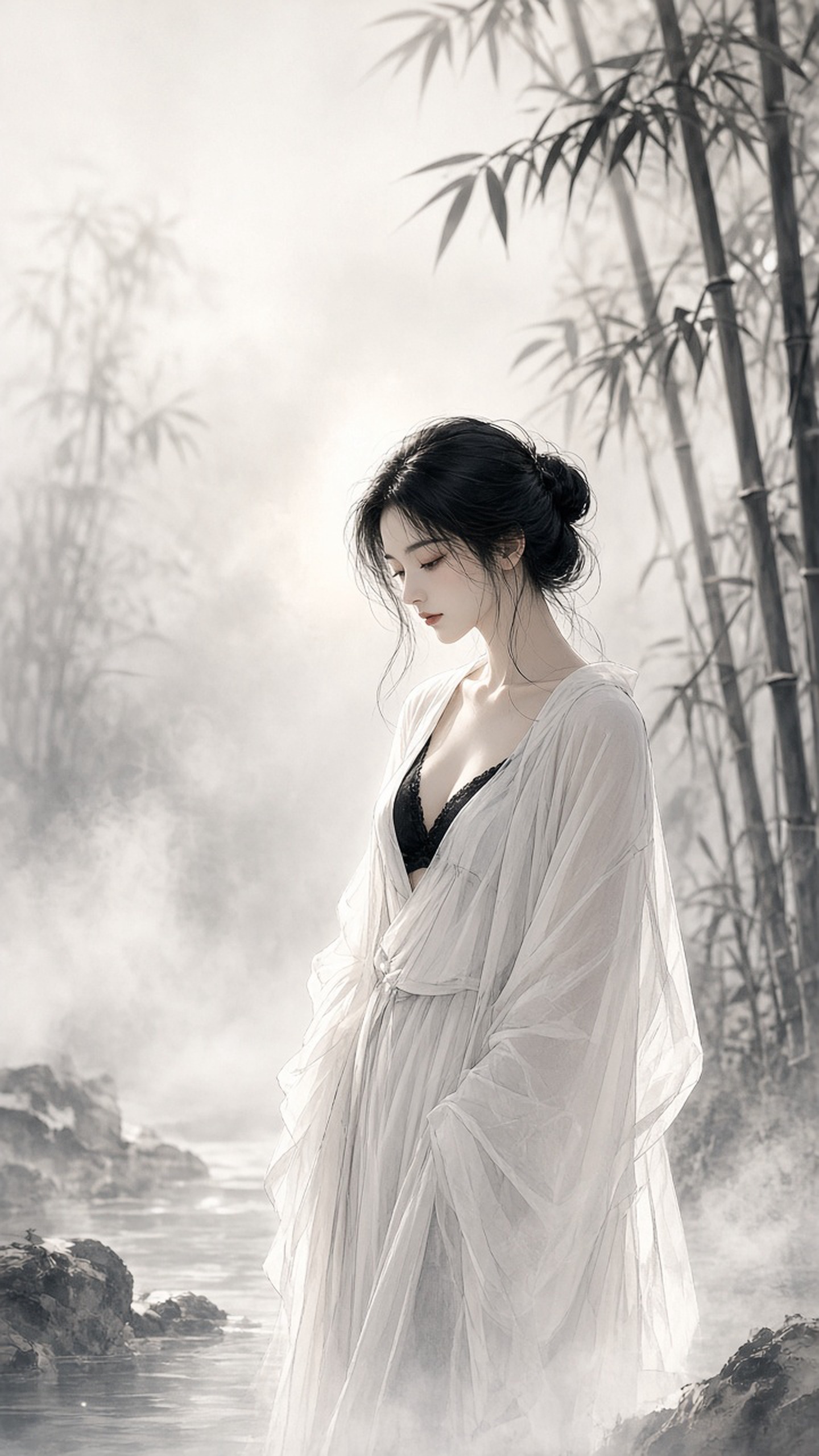 [人像寫真 · 東方古風] 古典东方水墨工笔美学，一位身着素白汉服的女子立于竹林溪畔，晨雾缭绕，柔和侧逆光勾…