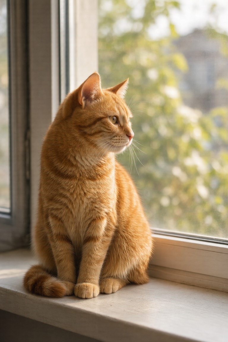 一只橘猫坐在窗台上，午后阳光，写实摄影