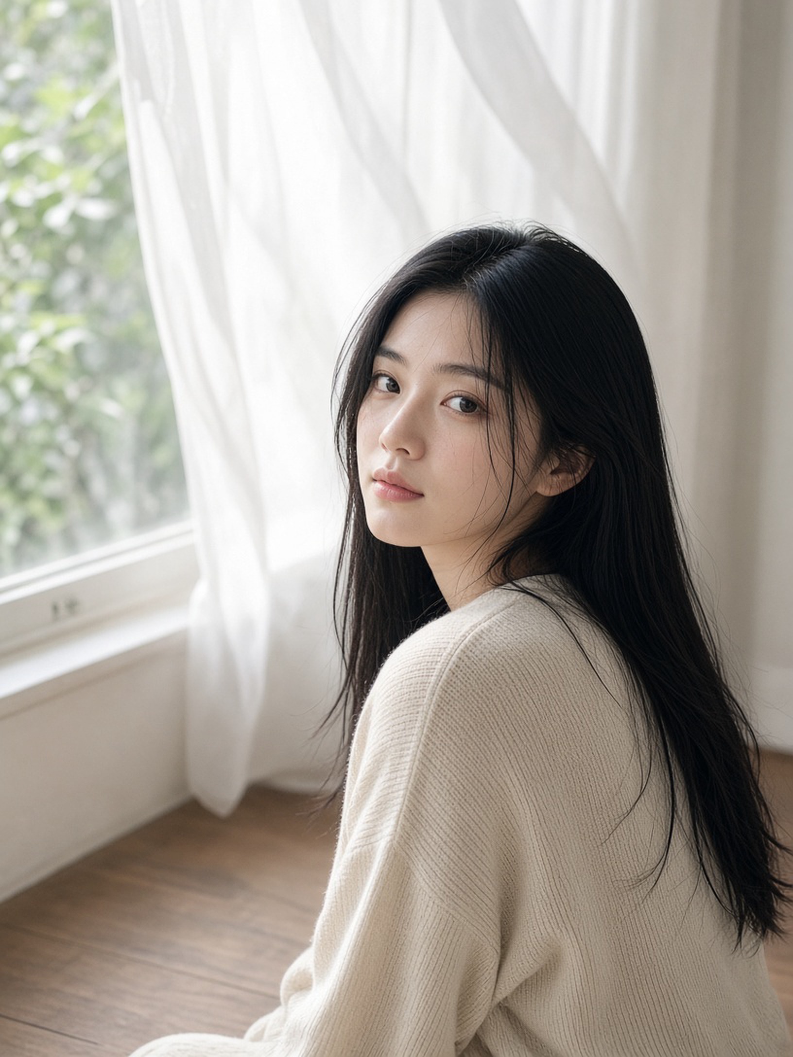 写实人像摄影，一位二十多岁的中国年轻女性，素颜感淡妆，黑色长直发自然散落，穿着米…