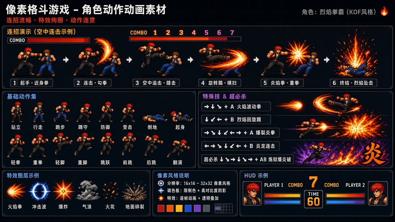 生成一套用于像素格斗游戏的角色动作动画素材，连招流畅带有特效，