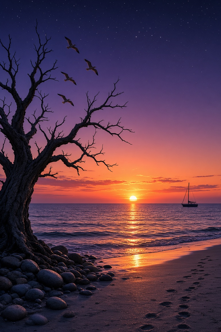 夕阳正沉到海平面以下三分之一的位置，整片天空被染成从靛蓝到橘红的渐变——靠近地平…