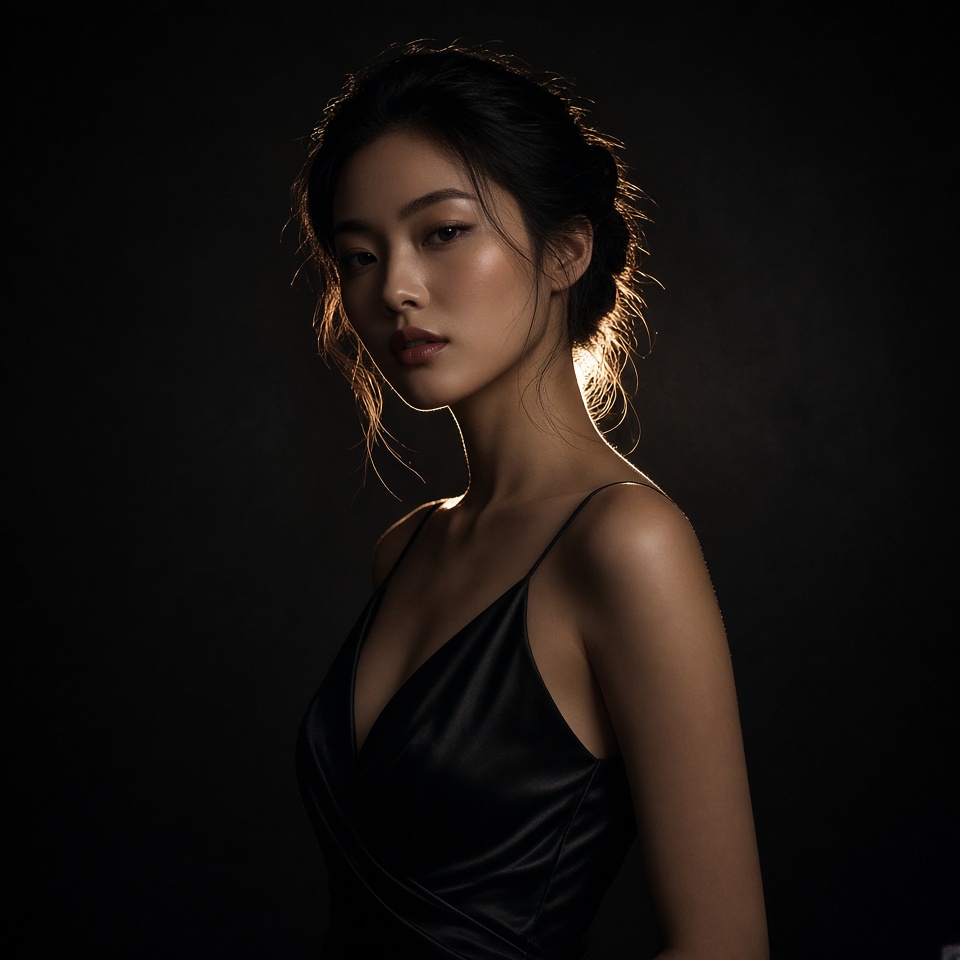 elegant asian woman in a black silk dres…