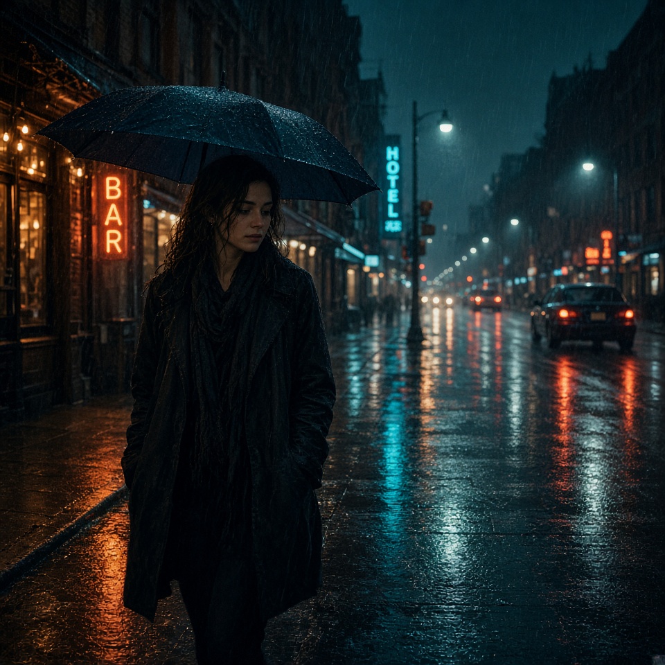 young woman walking on a rainy city stre…