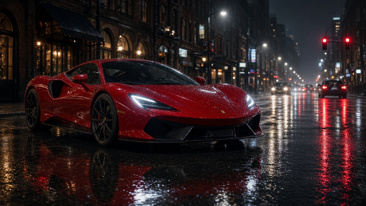 a red sports car on a rainy city street,…