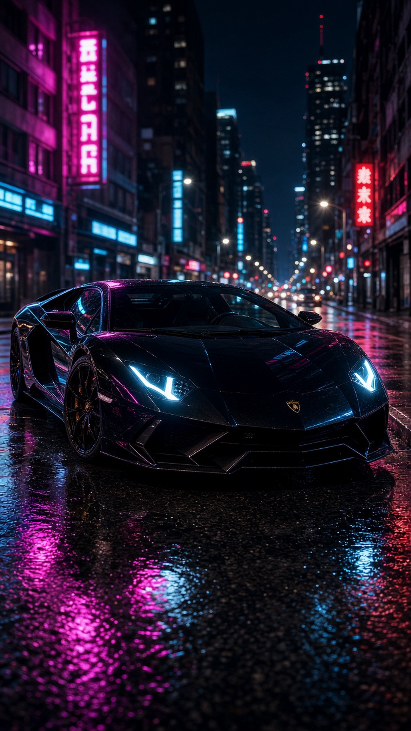 一辆兰博基尼超级跑车，竖版构图，车身线条犀利，停在城市夜景街道上，霓虹灯反射，电…