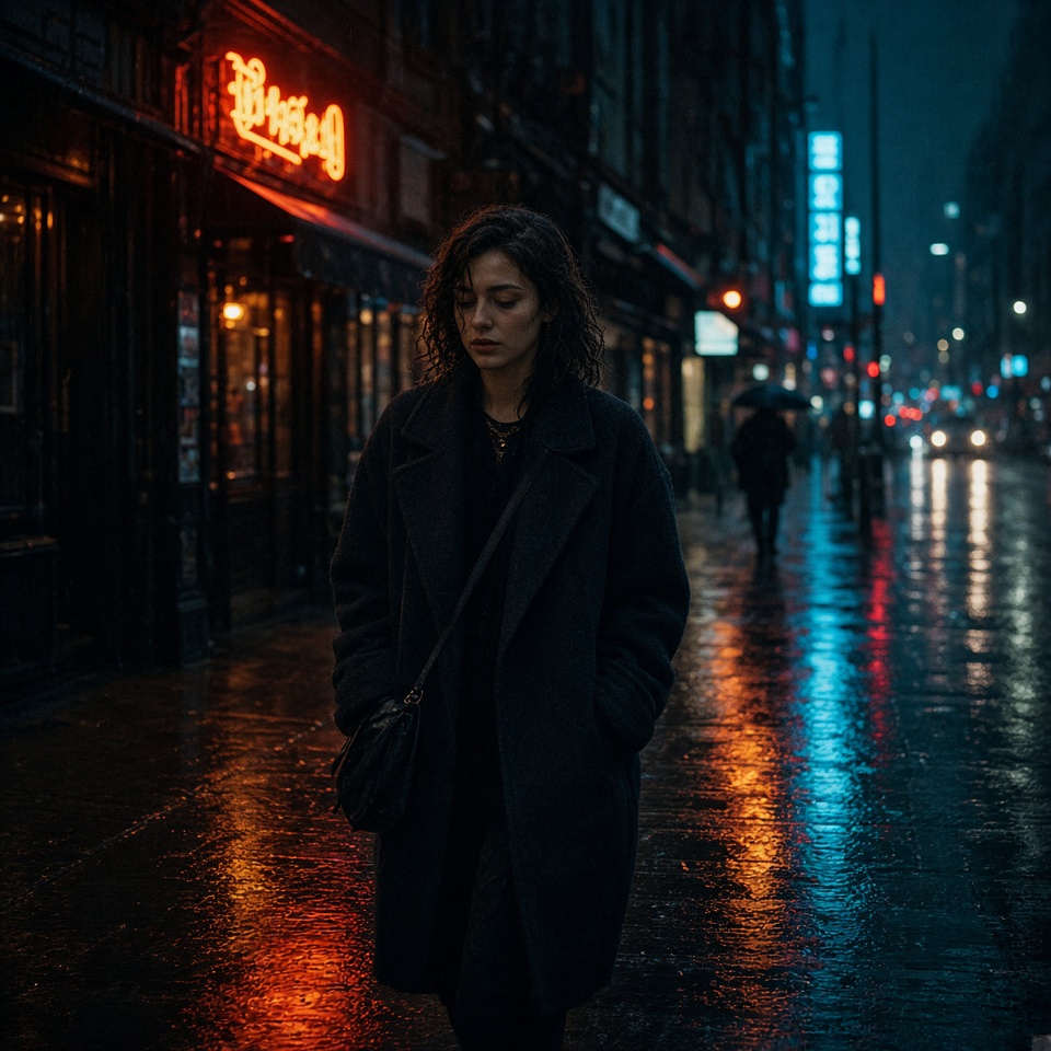 young woman walking on a rainy city stre…
