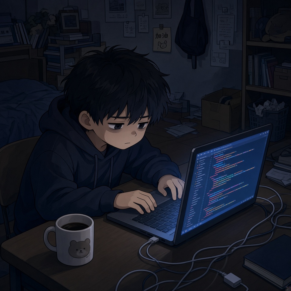 深夜的书桌前，一个二十多岁的短发男生半弯着背敲笔记本电脑，屏幕上密密麻麻的代码泛…
