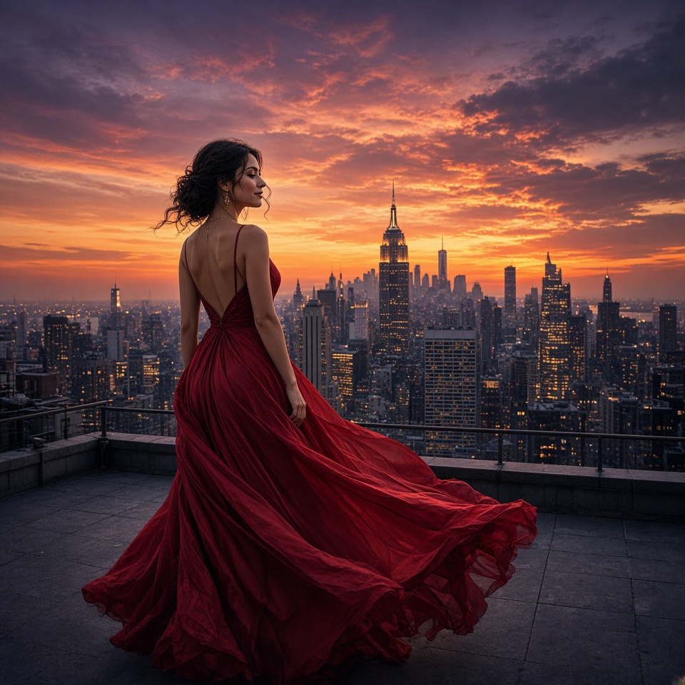elegant woman in a flowing red dress on…