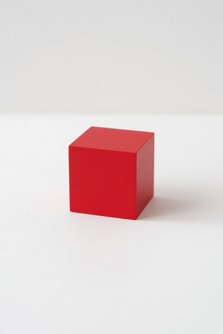 a small red cube on a white table