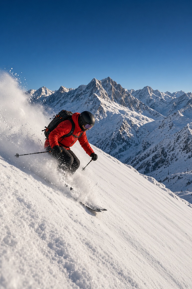 一位專業的野外滑雪者以極快的速度從陡峭的粉雪山坡上飛馳而下, 巨大的白色粉雪在身…