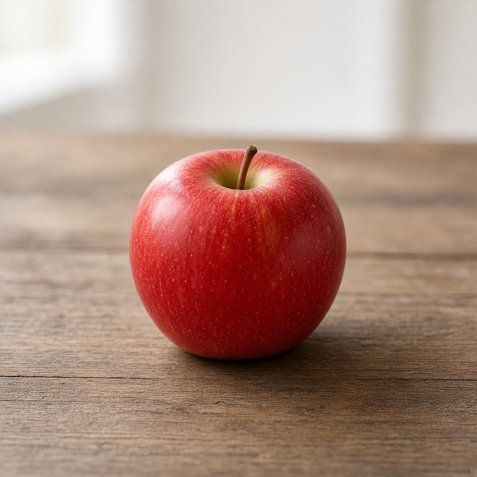 a single red apple on a wooden table, so…