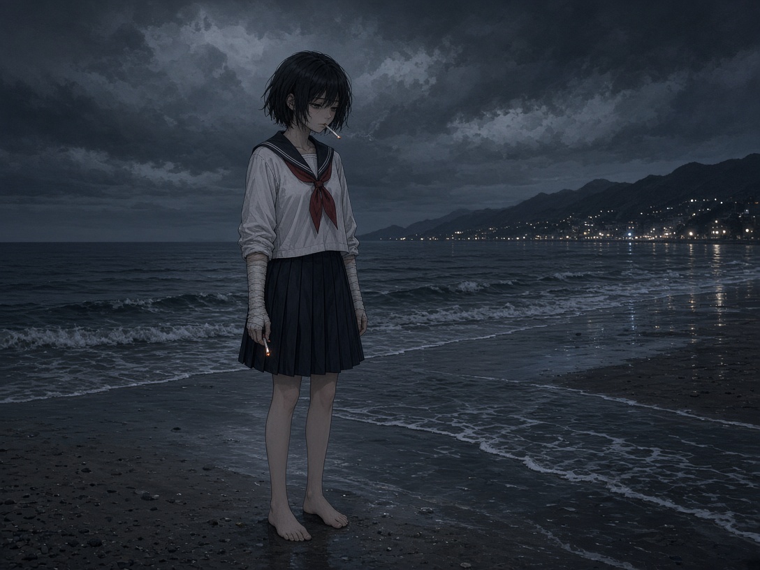 [動漫二次元] 在阴沉昏暗的夜间海滩上，一名留着短黑发的少女赤脚站在海岸边。她身穿白色水手服校服…