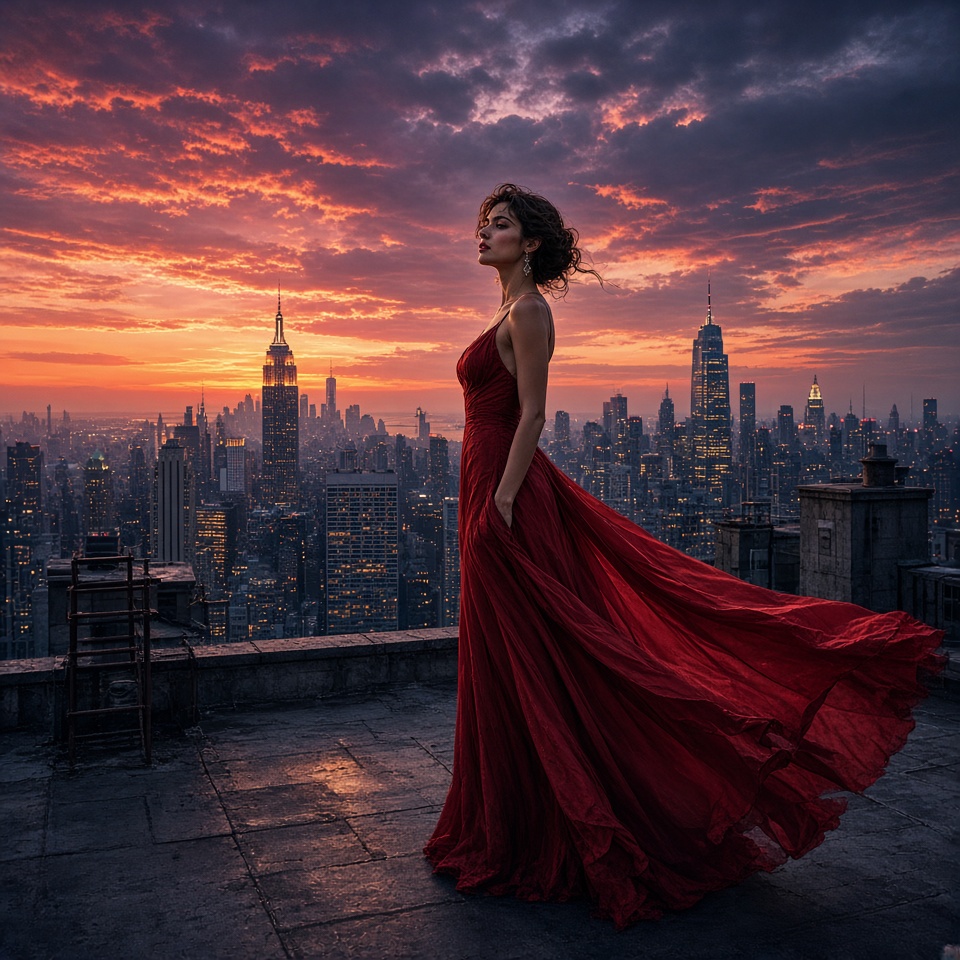 elegant woman in a flowing red dress on…