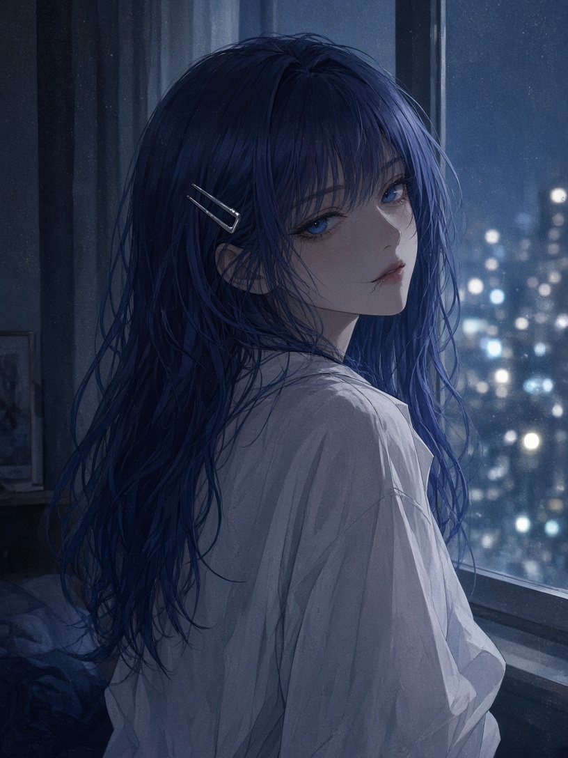 [人像寫真 · 電影光影] 一个二十岁左右的年轻女孩，深蓝色长发，蓝色眼睛，银色U形发夹别在右侧耳边，穿宽松…