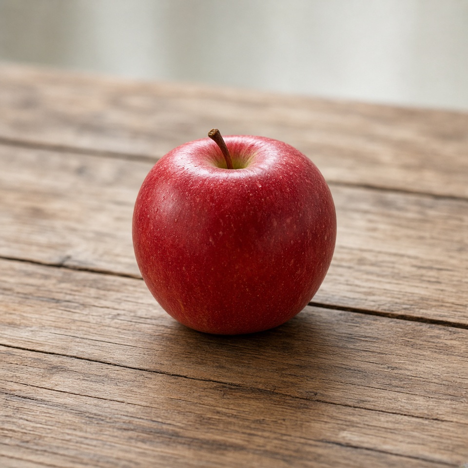 a single red apple on a wooden table, so…