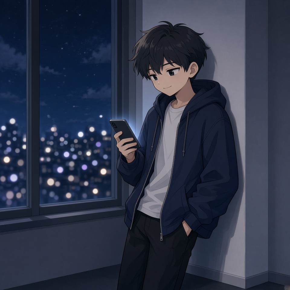 深夜的窗边，一个二十岁左右的短发男生站着，一手插兜一手拎着手机，肩膀轻轻靠着墙，…